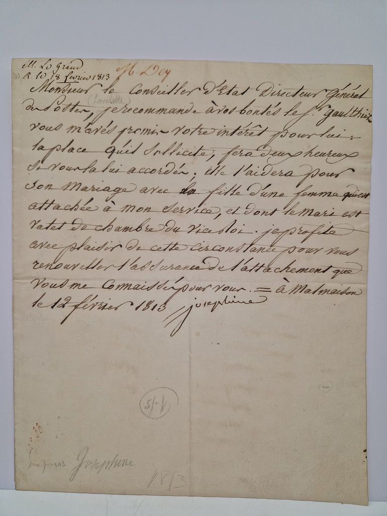 Letter signed "Josephine", addressed to the "Directeur Général des Postes," Malmaison, 12 February 1813.