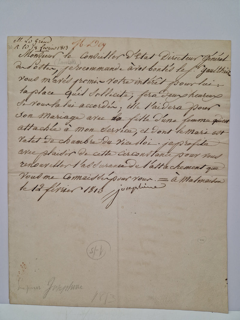 Letter signed "Josephine", addressed to the "Directeur Général des Postes," Malmaison, 12 February 1813.