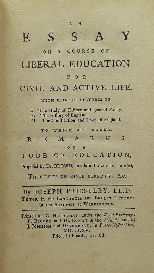 An Essay on a course of Liberal Education for Civil and Active Life
