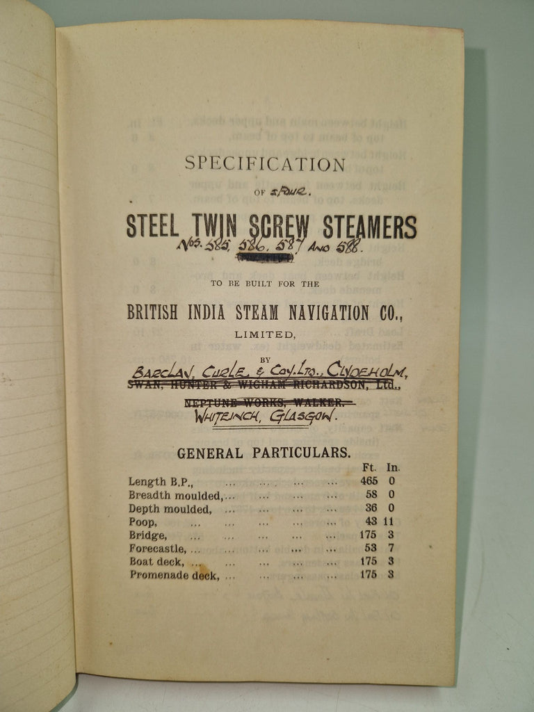 Nos. 585, 586, 587 & 588. Specification of four steel twin screw steamers