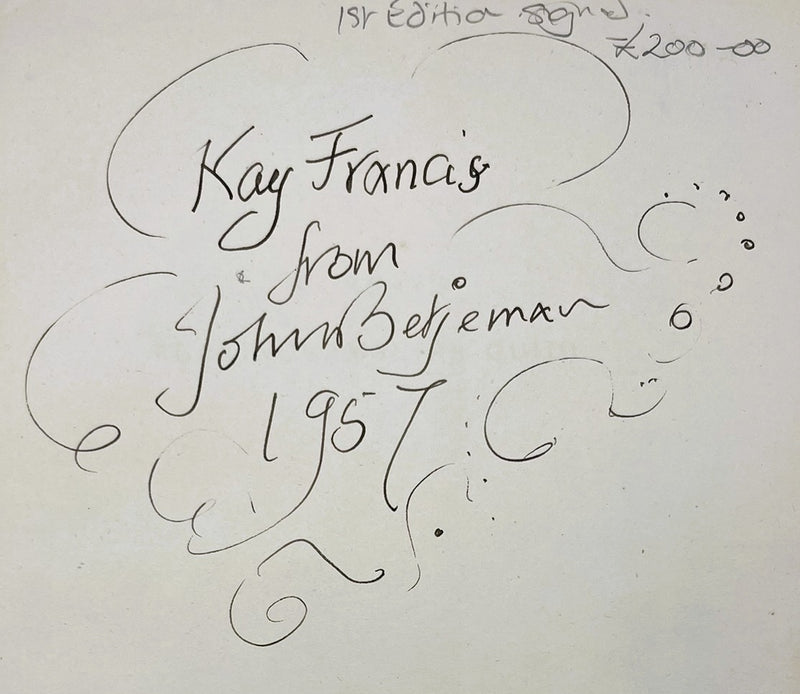 Close-up on front free endpaper inscription 'Kay Francis from John Betjeman 1957'