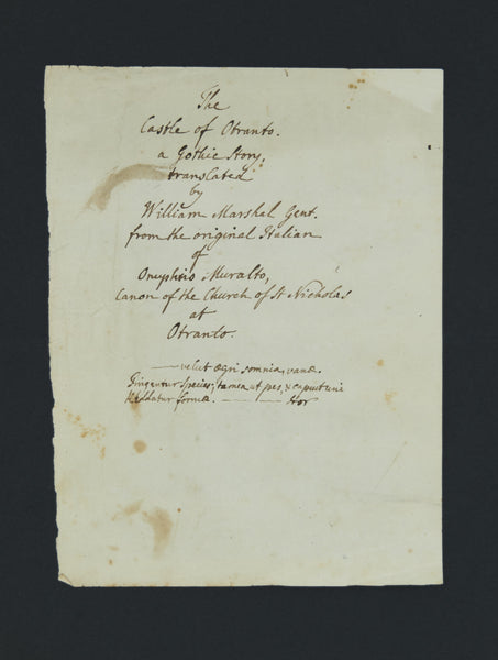 Autograph title page for The Castle of Otranto. A Gothic Story